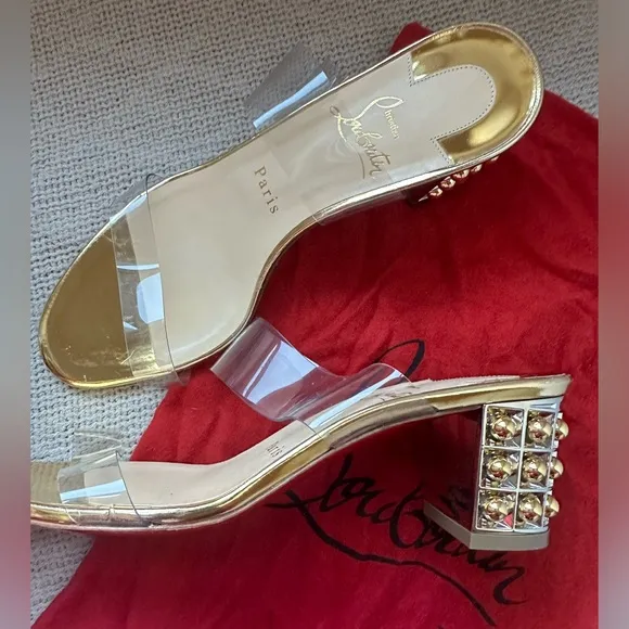 Christian Louboutin Gold Leather &amp; Transparent PVC Almost Nothing 55 Sandal Heel