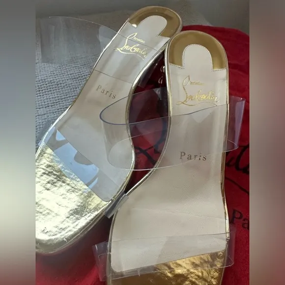 Christian Louboutin Gold Leather &amp; Transparent PVC Almost Nothing 55 Sandal Heel