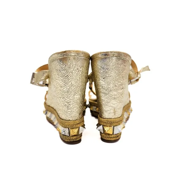 Christian Louboutin Metallic Gold Studded Espadrille Platform Sandals EU 37