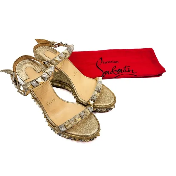 Christian Louboutin Metallic Gold Studded Espadrille Platform Sandals EU 37