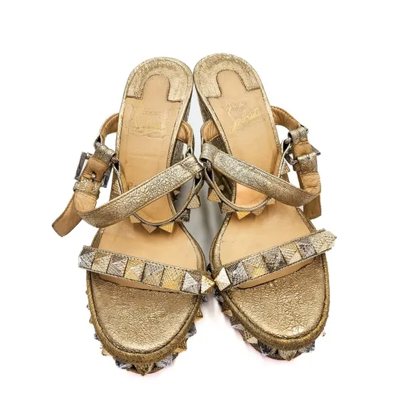 Christian Louboutin Metallic Gold Studded Espadrille Platform Sandals EU 37