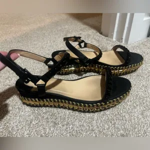 Christian Louboutin Size 39 Black and Gold Studded Sandals