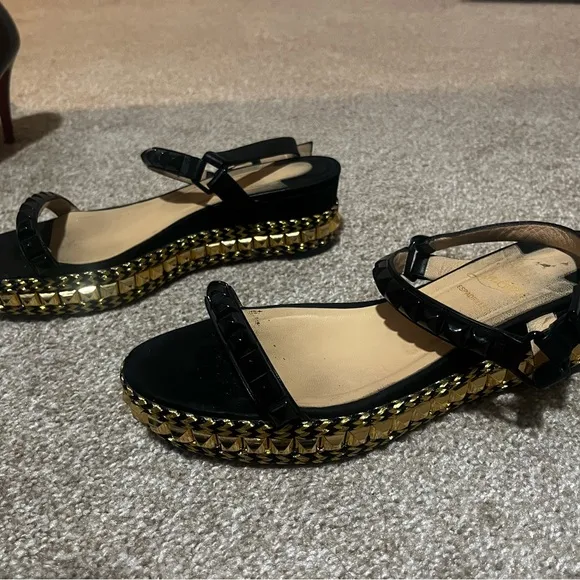 Christian Louboutin Size 39 Black and Gold Studded Sandals