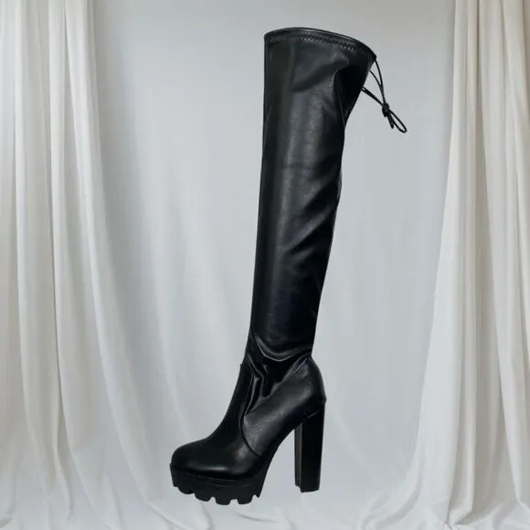 Chunky Black Faux Leather Lug Sole Platform Over The Knee Boots EU 39 / US 8.5