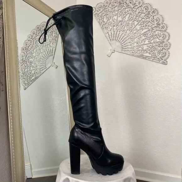 Chunky Black Faux Leather Lug Sole Platform Over The Knee Boots EU 39 / US 8.5