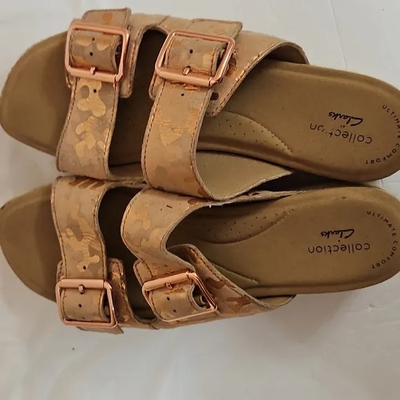 Clarks Rose Gold Lana Beach Leopard Adjustable Buckle Sandals VGUC