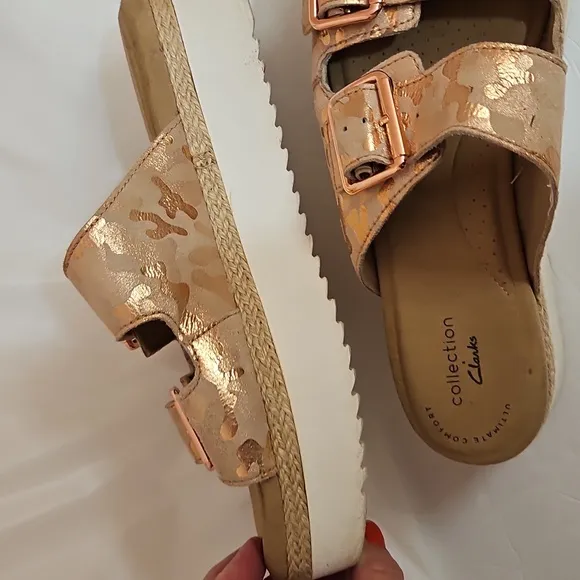 Clarks Rose Gold Lana Beach Leopard Adjustable Buckle Sandals VGUC