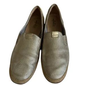 Clarks Sz 11 Danelly Iris Leather Champagne Gold Woven Slip On Espadrille Loafer