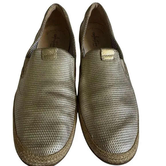 Clarks Sz 11 Danelly Iris Leather Champagne Gold Woven Slip On Espadrille Loafer