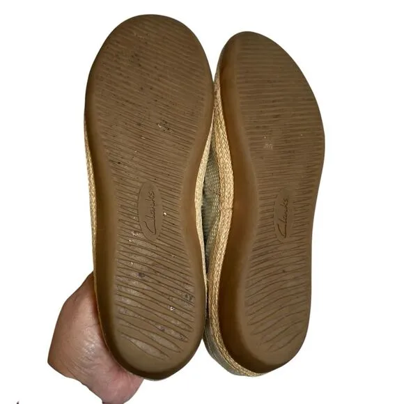 Clarks Sz 11 Danelly Iris Leather Champagne Gold Woven Slip On Espadrille Loafer