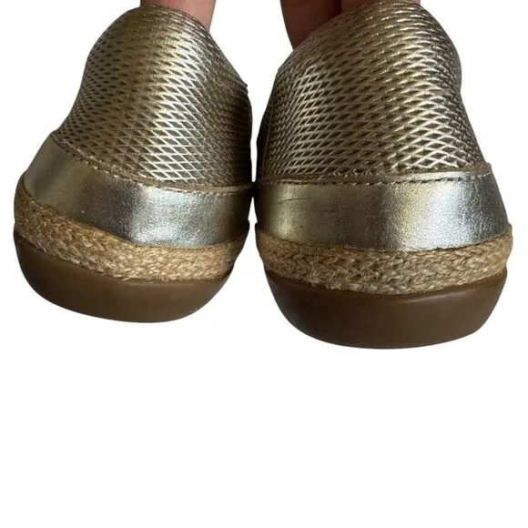 Clarks Sz 11 Danelly Iris Leather Champagne Gold Woven Slip On Espadrille Loafer