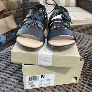 Clarks Bay Tulip Black Leather Gladiator Sandals, SZ 10M