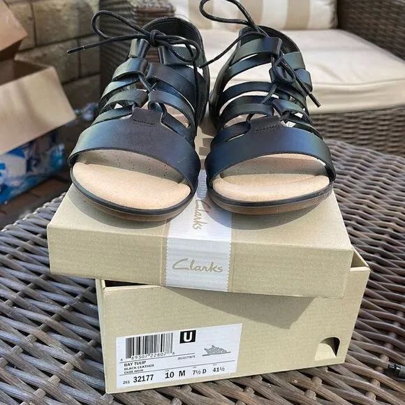Clarks Bay Tulip Black Leather Gladiator Sandals, SZ 10M