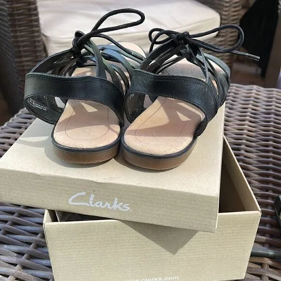 Clarks Bay Tulip Black Leather Gladiator Sandals, SZ 10M