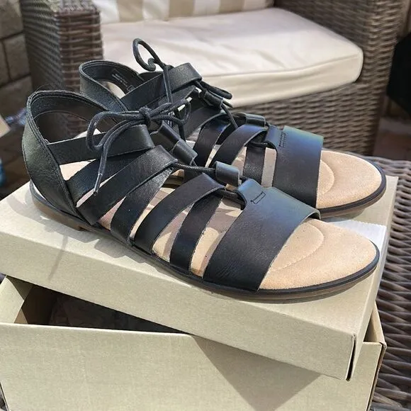 Clarks Bay Tulip Black Leather Gladiator Sandals, SZ 10M