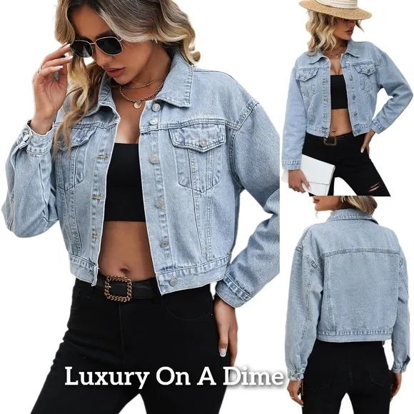 Classic Cropped 90s Retro Jean Button-Up Pocket Collar Long Sleeve Denim Jacket