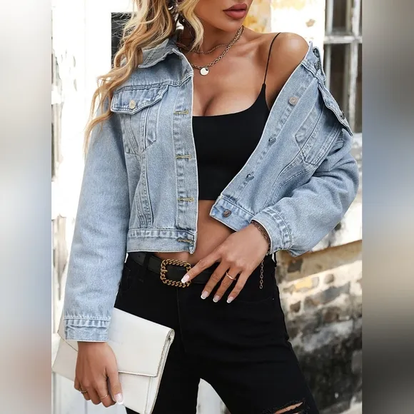 Classic Cropped 90s Retro Jean Button-Up Pocket Collar Long Sleeve Denim Jacket