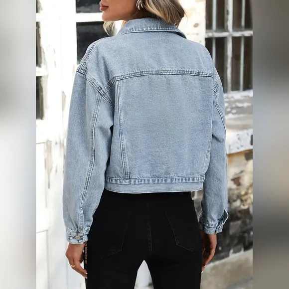 Classic Cropped 90s Retro Jean Button-Up Pocket Collar Long Sleeve Denim Jacket