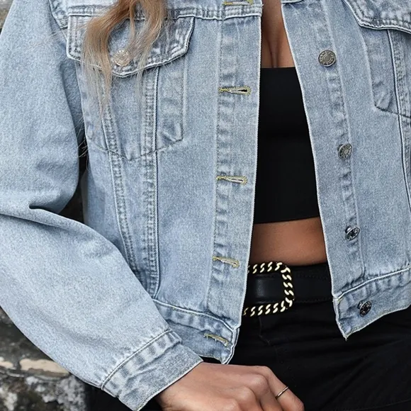Classic Cropped 90s Retro Jean Button-Up Pocket Collar Long Sleeve Denim Jacket