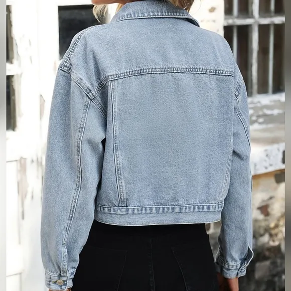 Classic Cropped 90s Retro Jean Button-Up Pocket Collar Long Sleeve Denim Jacket