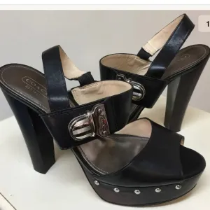 Coach Darcy Wood Heel Platform Sandals Black 8