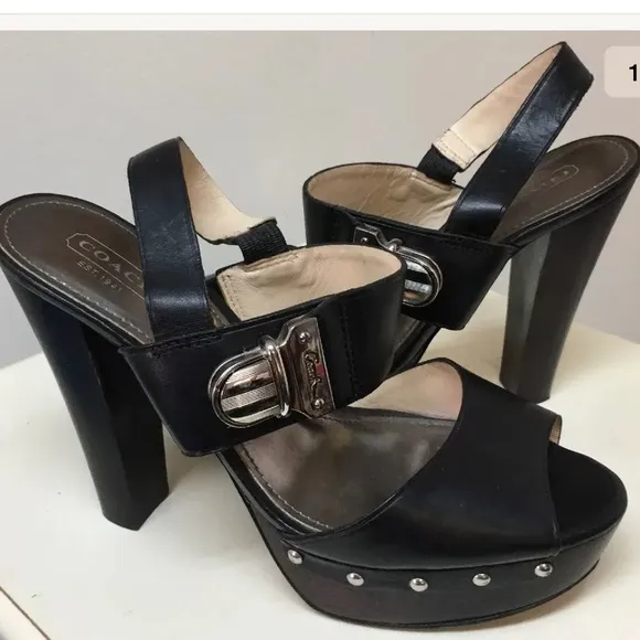 Coach Darcy Wood Heel Platform Sandals Black 8