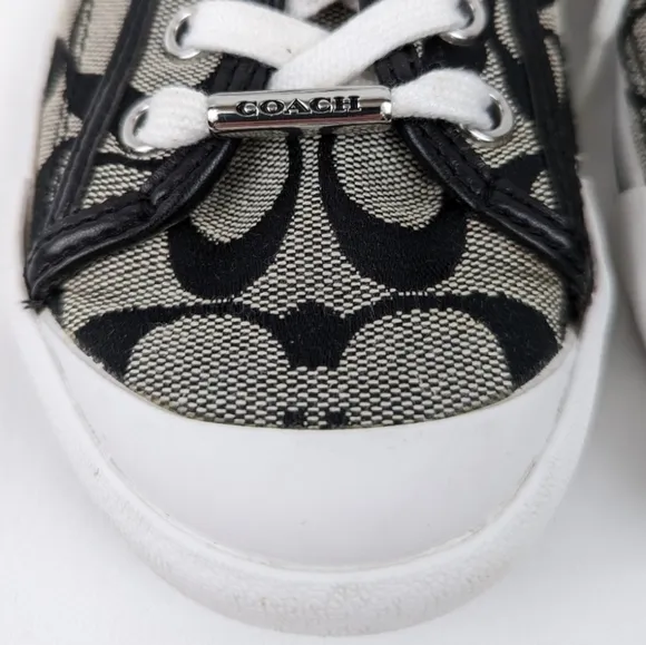 Coach Francesca Monogram Sneakers Lace Up Low Top Fabric &amp; Leather Trim Gray 6.5