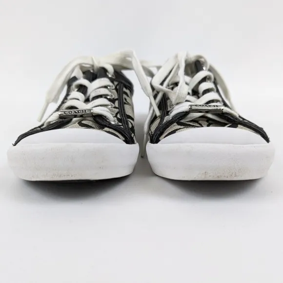 Coach Francesca Monogram Sneakers Lace Up Low Top Fabric &amp; Leather Trim Gray 6.5