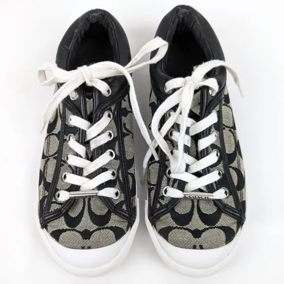 Coach Francesca Monogram Sneakers Lace Up Low Top Fabric &amp; Leather Trim Gray 6.5