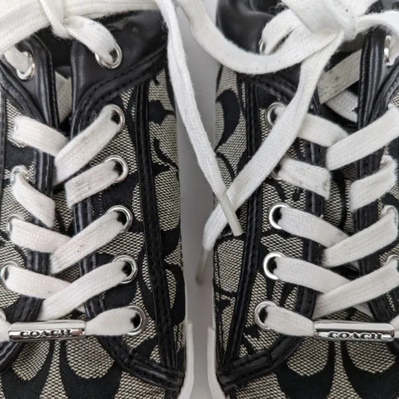 Coach Francesca Monogram Sneakers Lace Up Low Top Fabric &amp; Leather Trim Gray 6.5