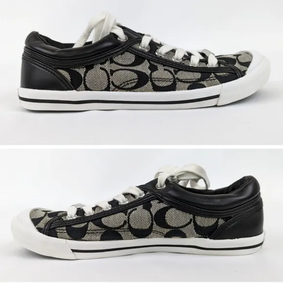 Coach Francesca Monogram Sneakers Lace Up Low Top Fabric &amp; Leather Trim Gray 6.5