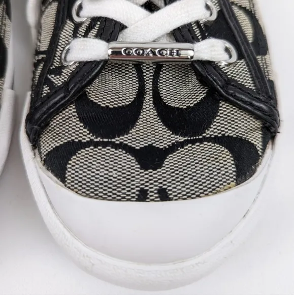Coach Francesca Monogram Sneakers Lace Up Low Top Fabric &amp; Leather Trim Gray 6.5