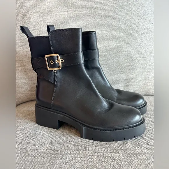 Coach Lacey Leather Lug-Sole Ankle Boots Black Size 8.5
