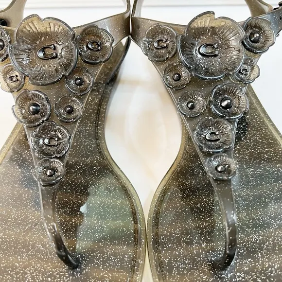 Coach Tea Rose Black Glitter Jelly Sandal Size 8 G2071