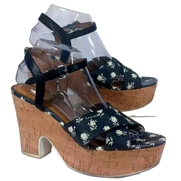 Coach Woman's Queen Rose Calico Calf Platform Sandals Cork Wedge Size: 9…