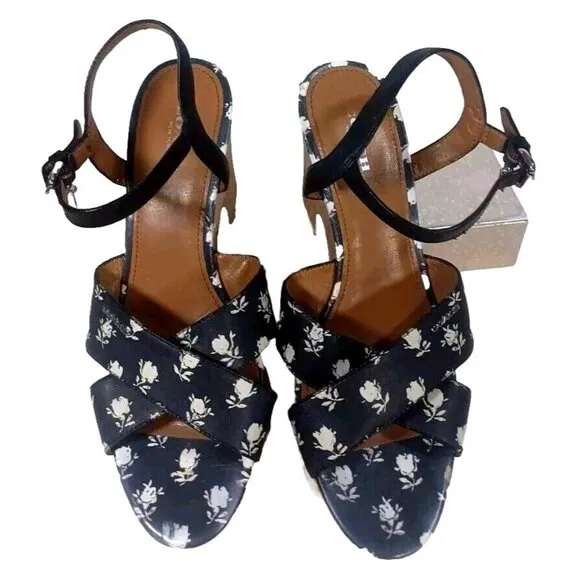 Coach Woman's Queen Rose Calico Calf Platform Sandals Cork Wedge Size: 9…