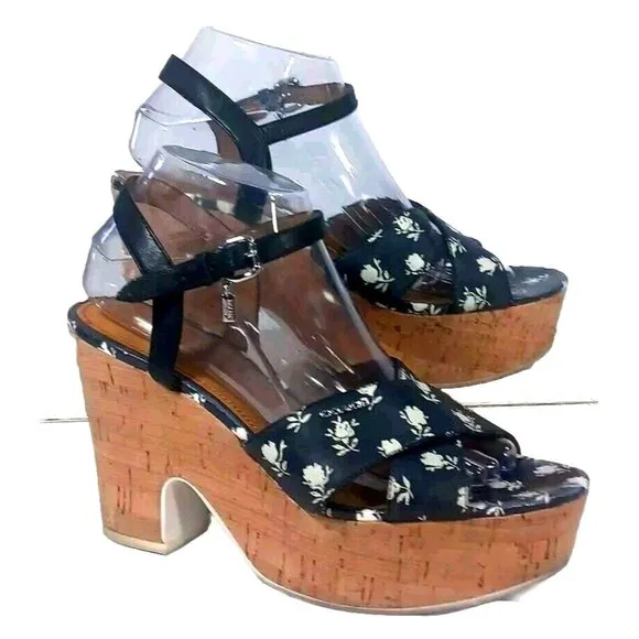 Coach Woman's Queen Rose Calico Calf Platform Sandals Cork Wedge Size: 9…