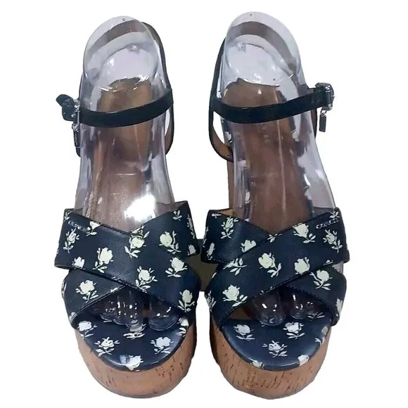 Coach Woman's Queen Rose Calico Calf Platform Sandals Cork Wedge Size: 9…