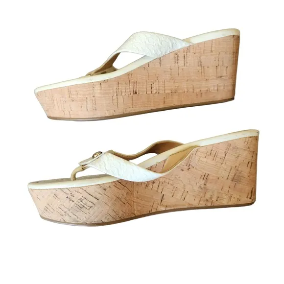 Coach Womens Jorgina White Wedge Cork Sole Flip-Flop Sandals Size 5 1/2 B