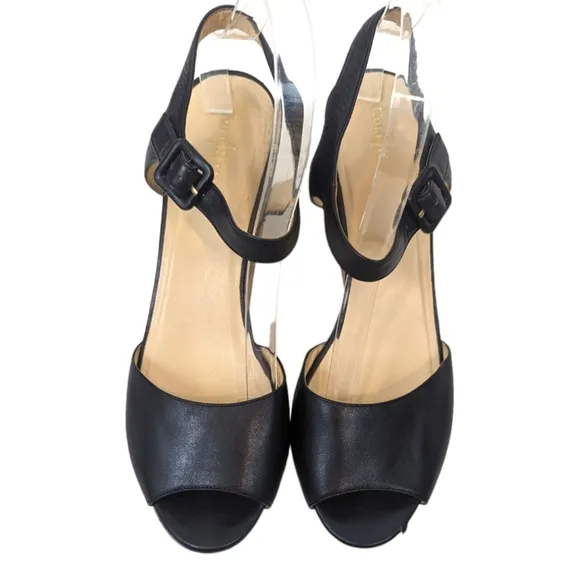 Cole Haan Gillian Mid Wedge Leather Sandals 10 Black Cork Platform Ankle Strap