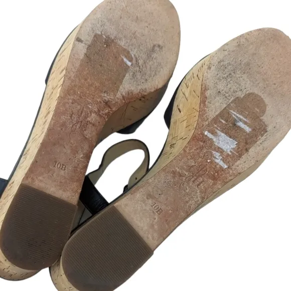 Cole Haan Gillian Mid Wedge Leather Sandals 10 Black Cork Platform Ankle Strap