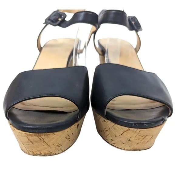 Cole Haan Gillian Mid Wedge Leather Sandals 10 Black Cork Platform Ankle Strap