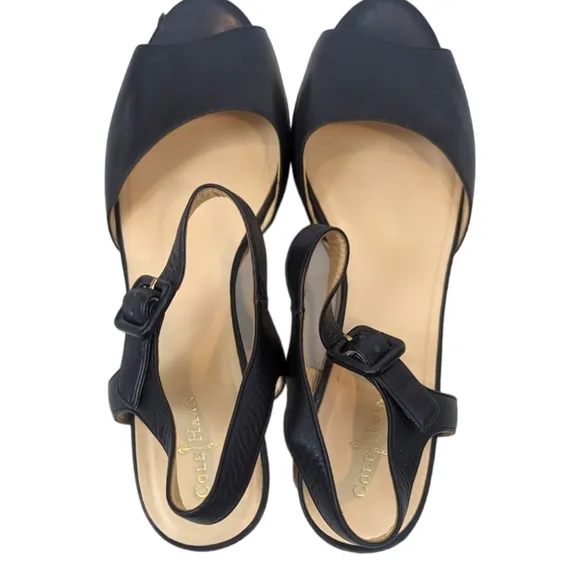 Cole Haan Gillian Mid Wedge Leather Sandals 10 Black Cork Platform Ankle Strap