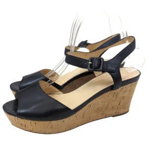 Cole Haan Gillian Mid Wedge Leather Sandals 10 Black Cork Platform Ankle Strap