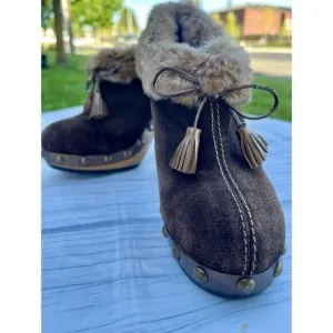 Colin Stuart chunky brown suede faux fur trimmed booties boots size 6