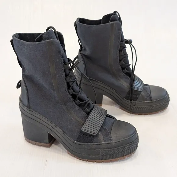CONVERSE Women's Black Canvas Chunky Platform Lace-up Heeled Boots