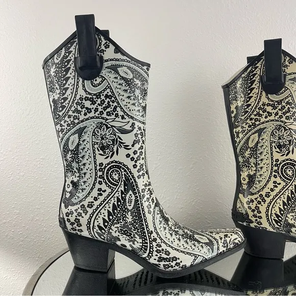 CORKYS Y2K Creme Floral Paisley Western Pointed Toe Heeled Rubber Cowboy Boots