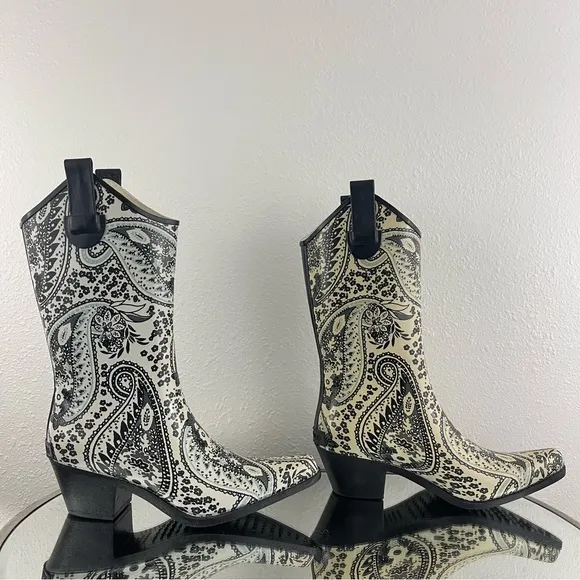 CORKYS Y2K Creme Floral Paisley Western Pointed Toe Heeled Rubber Cowboy Boots