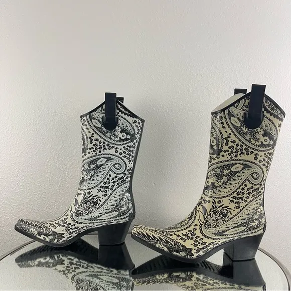 CORKYS Y2K Creme Floral Paisley Western Pointed Toe Heeled Rubber Cowboy Boots