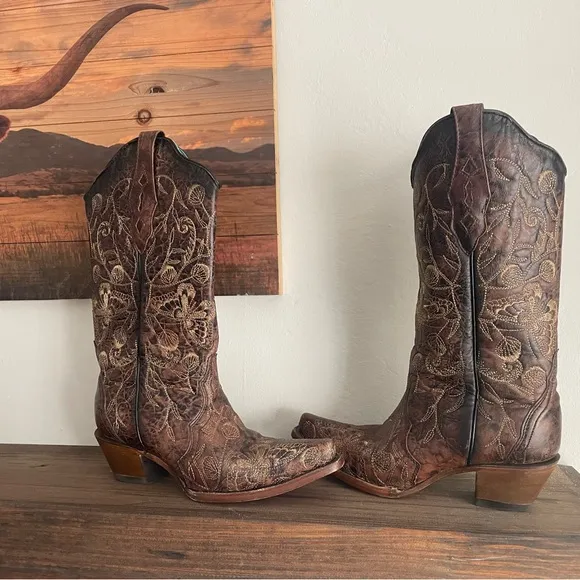 Corral Brown Heeled Boots with Intricate Embossed Design